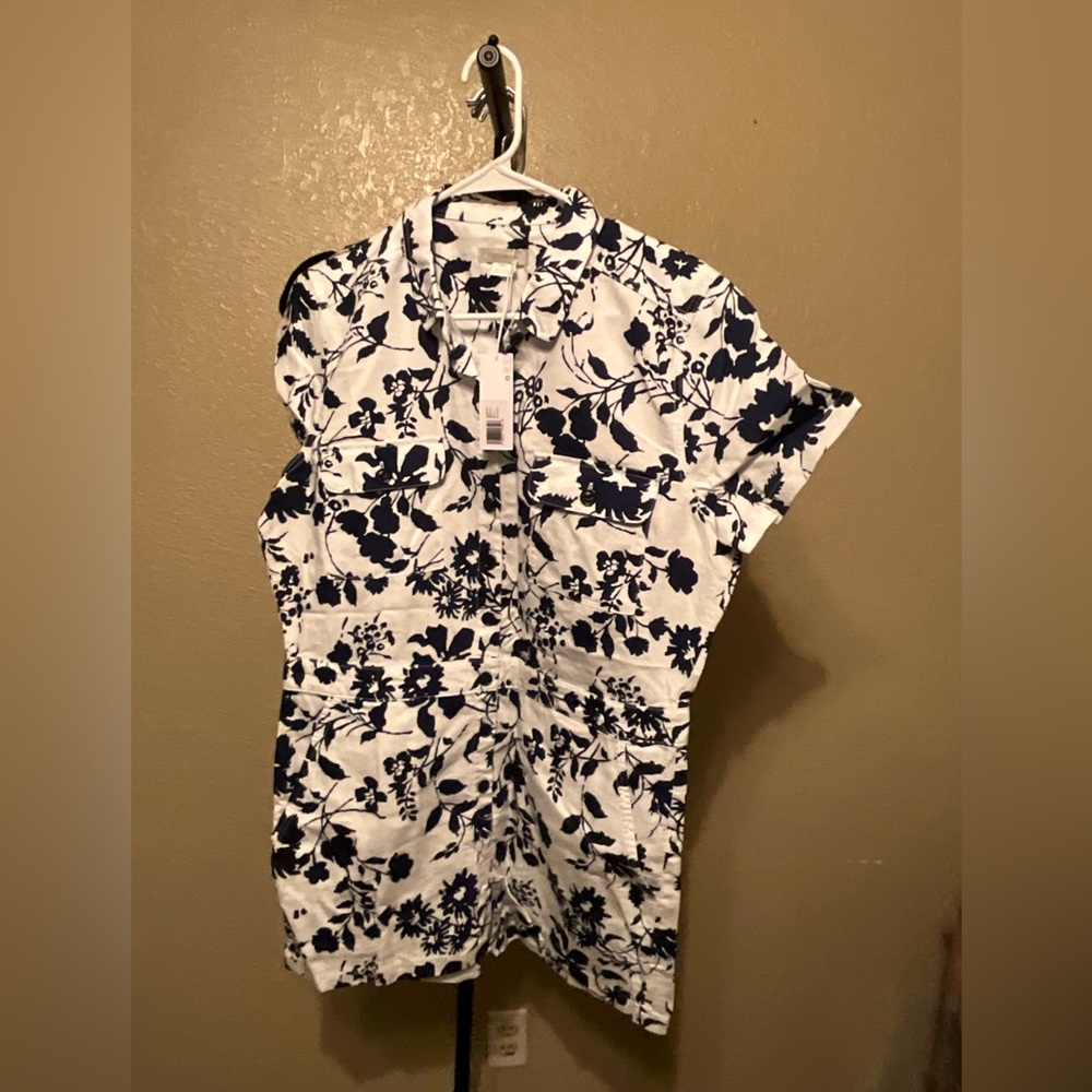 Outerknown White and Navy Floral Short-Sleeve Romper
